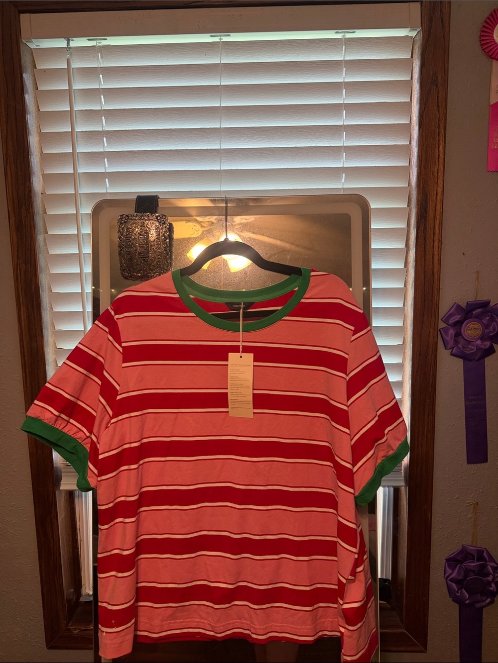 Amazon Pink and Red Striped Tee with Green Trim